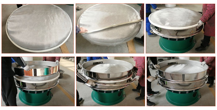 食品振動篩網安裝步驟3，將密封圈安裝到網架周圍，將篩框放到網架上，并利用束環將上下兩層篩框固定在一起。