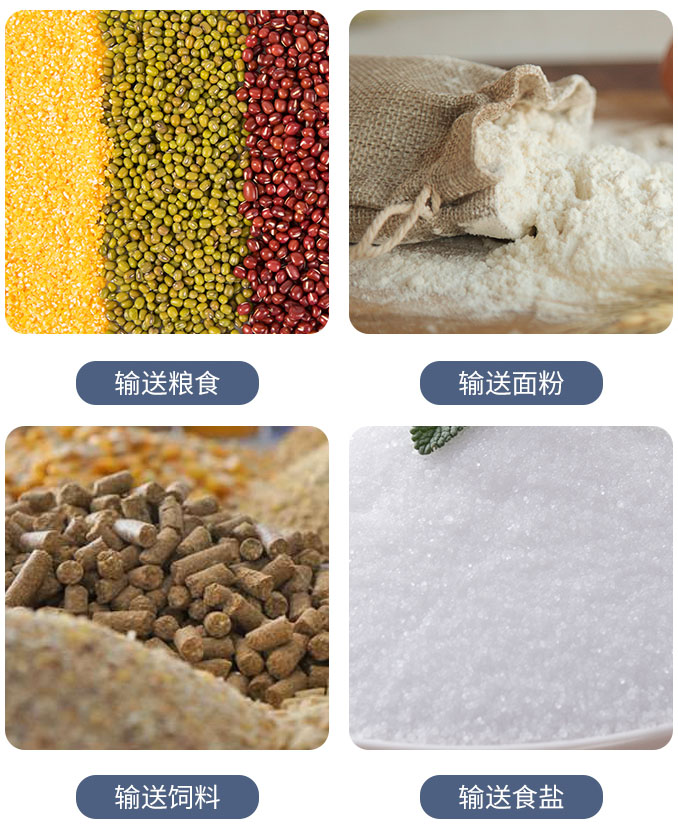 糧食螺旋輸送機(jī)可輸送糧食，面粉，飼料，食鹽等物料。