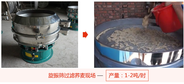 旋振篩過(guò)濾蕎麥現(xiàn)場(chǎng)，產(chǎn)量可達(dá)2噸每小時(shí)。