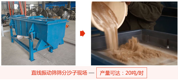 直線振動(dòng)篩篩分沙子現(xiàn)場(chǎng)展示，產(chǎn)量高達(dá)20噸每小時(shí)。